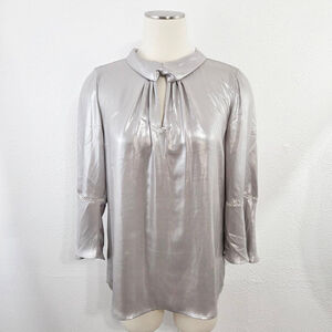 Karl Lagerfeld metallic silver blouse mid sleeves top keyhole women's small NWT